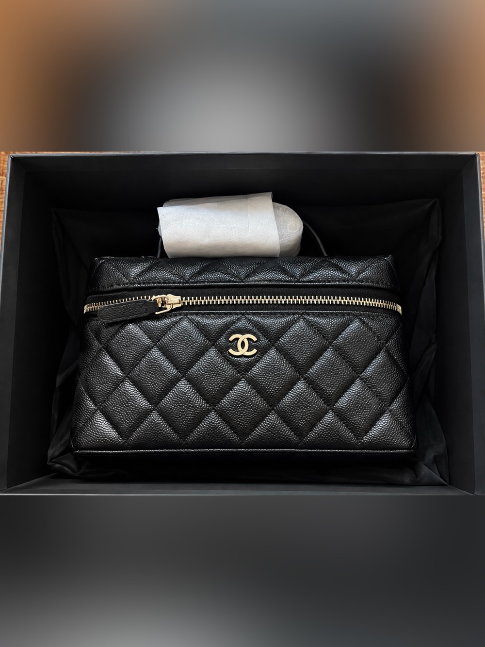 CHANEL Black Quilted Caviar Leather Top Vanity Bag with Light Gold Hardware